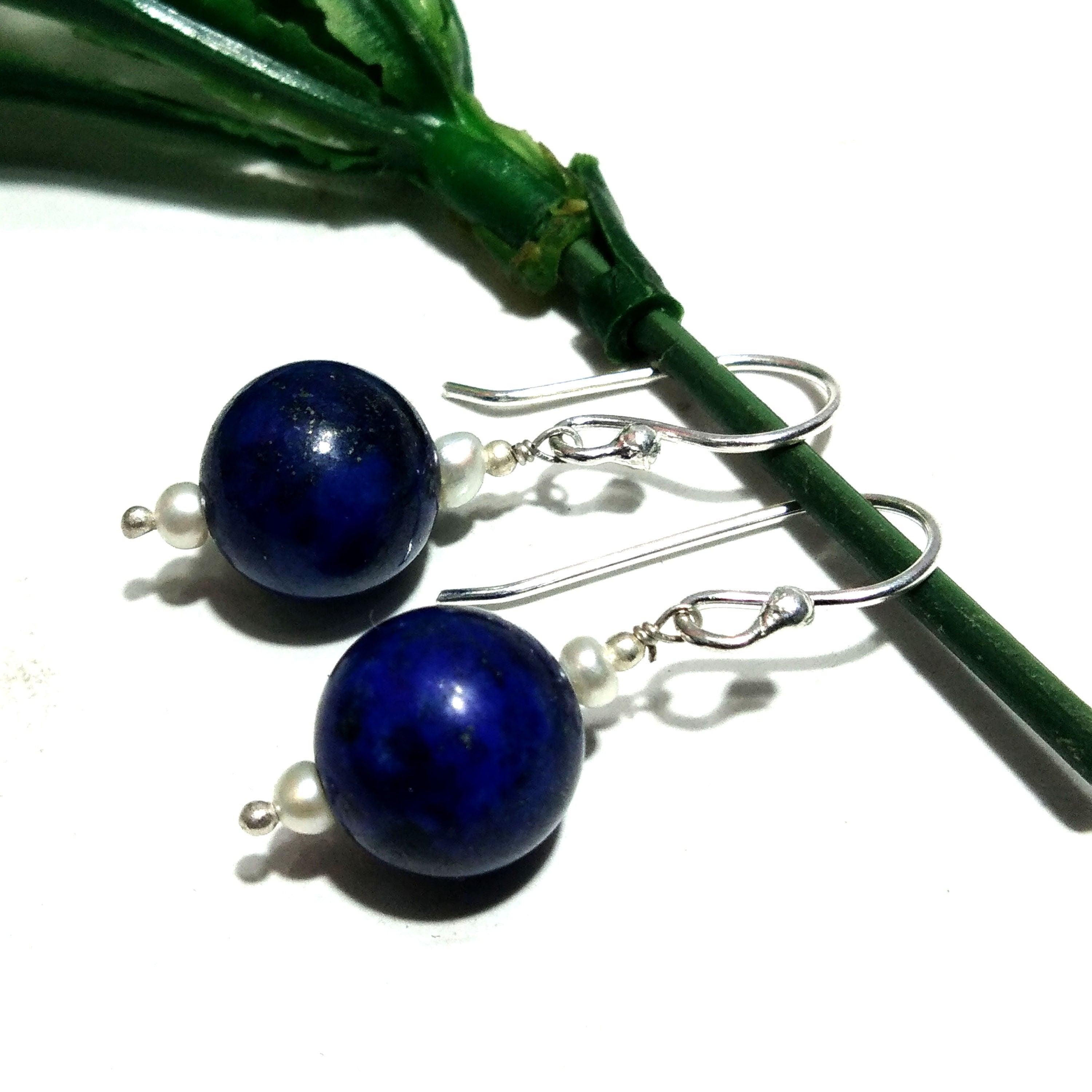 Very Beautiful Lapis Lazuli Earring ! Natural Gemstone Lapis Lazuli Earring,  925 Silver Handmade Earring, Stone Size 10 mm Round Earring